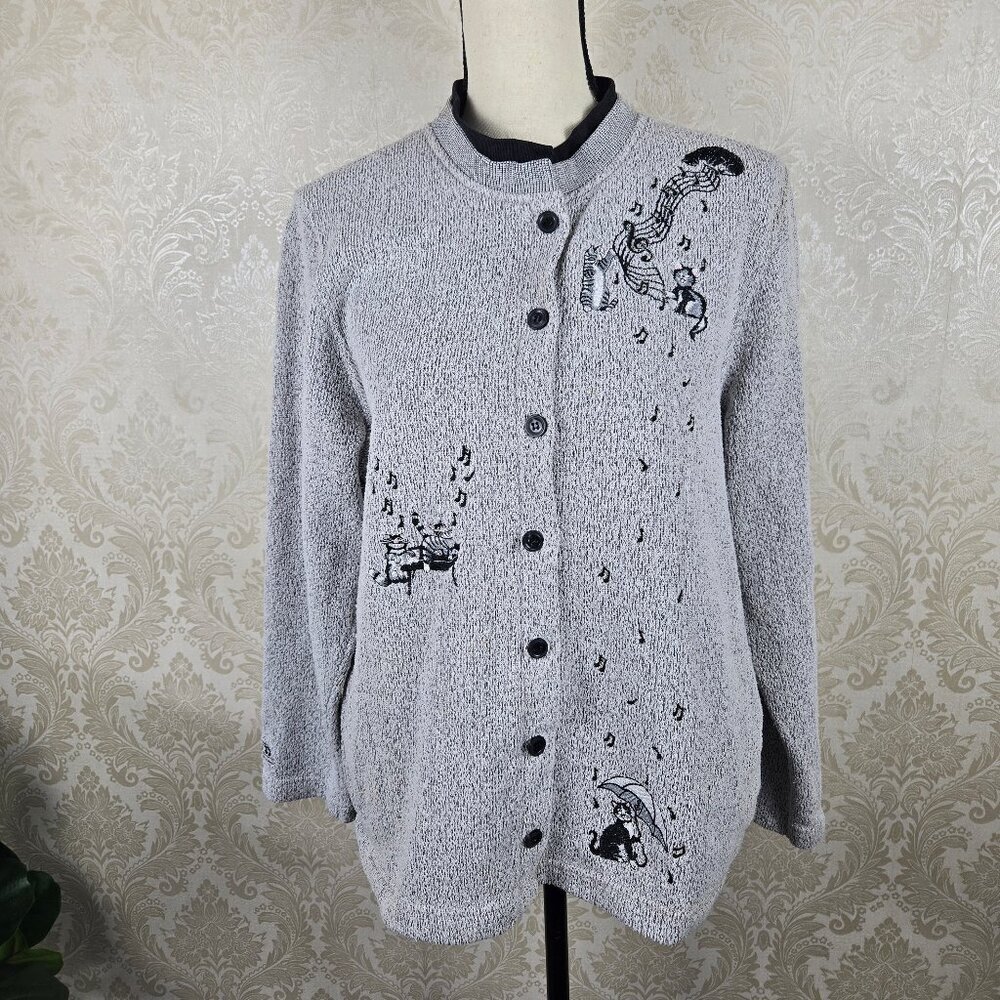 BonWorth Sz Large Gary Black Button Front Cardigan Cat Embroidery Front Pockets